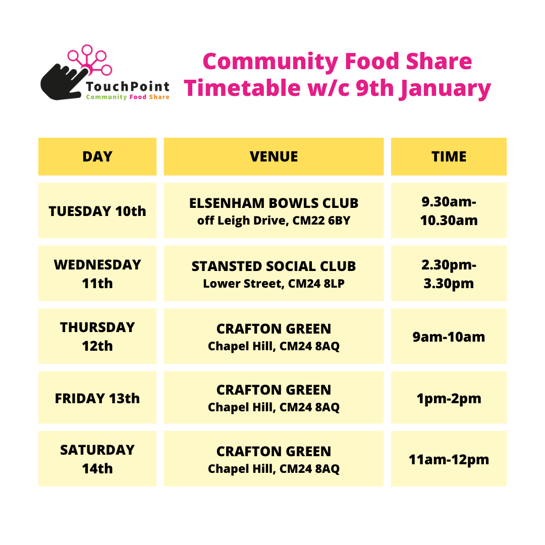 TouchPoint Community Food Share dates for w/c 9th January TouchPoint